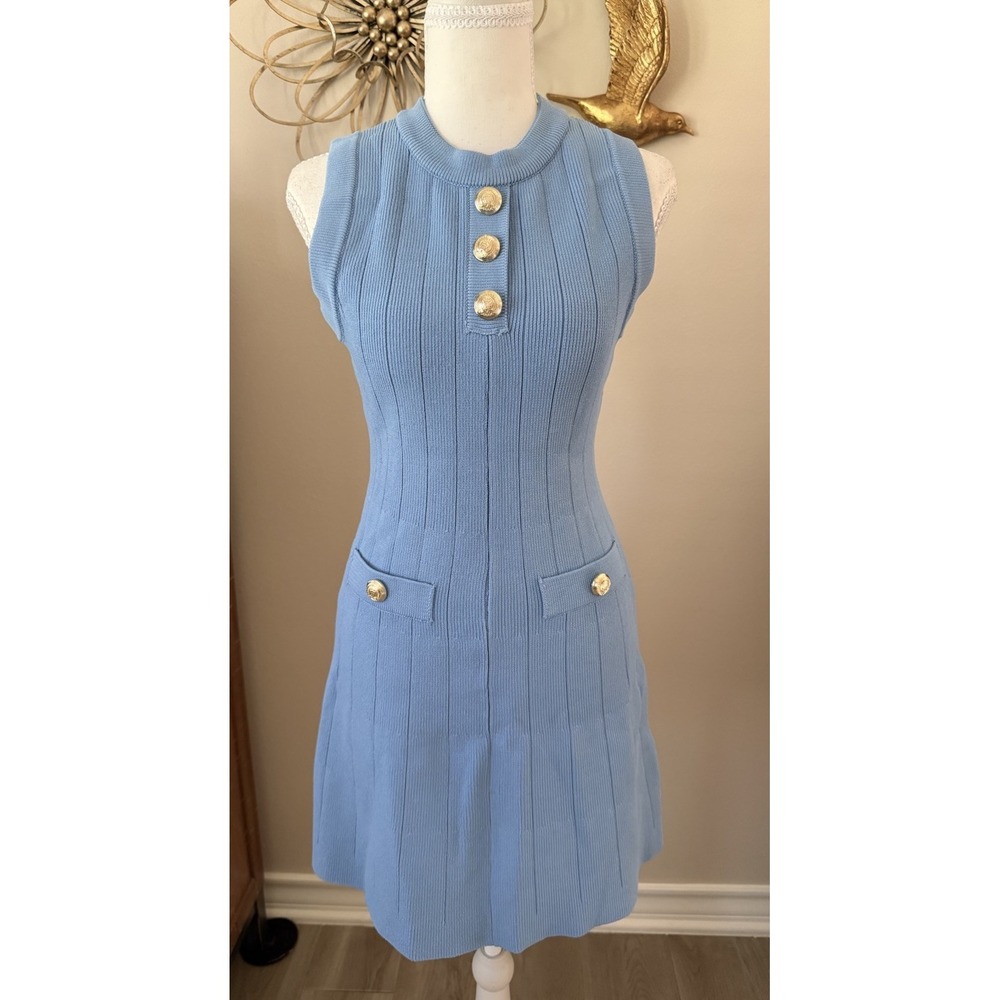 Endless Rose Shank Button Knit Mini Dress S Sky Blue Gold Buttons NWT $140